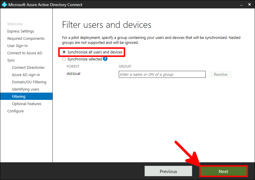 Azure AD Connect Installation | Filter users and devices.