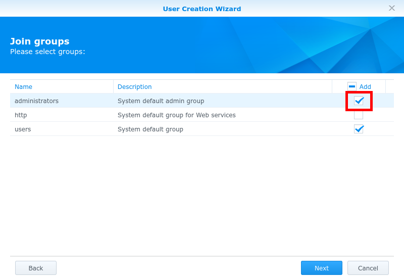Synology NAS Web Interface User Creation Wizard