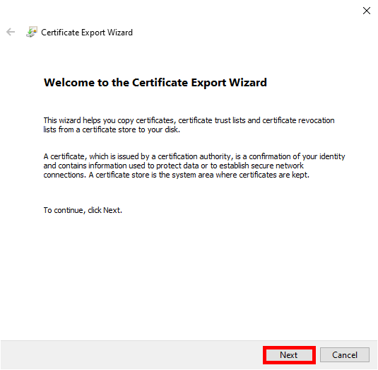 Welcome screen of the Certificate Export Wizard in Windows.