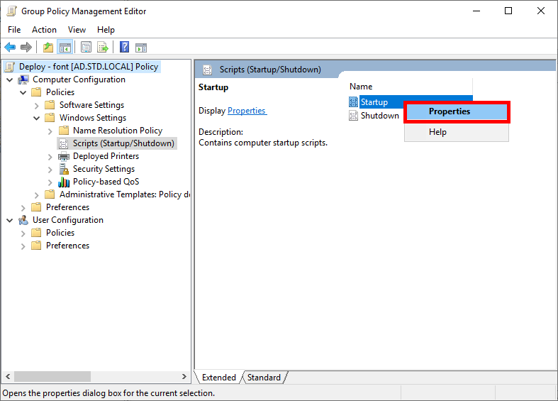 Screenshot of the Group Policy Management Editor to create a startup script