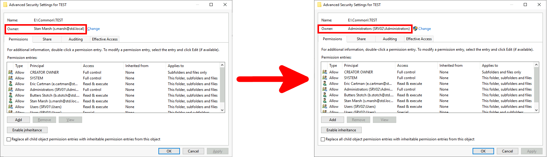 before and after comparison of two advanced security settings windows with takeown modifications