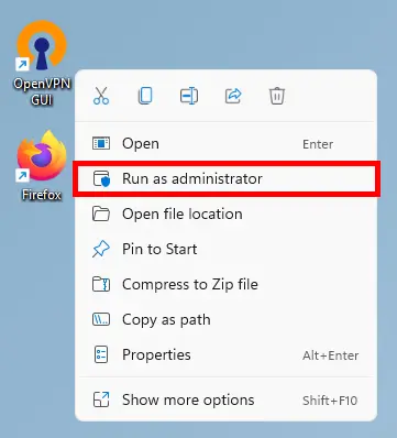 windows to open OpenVPN with administrator rights.