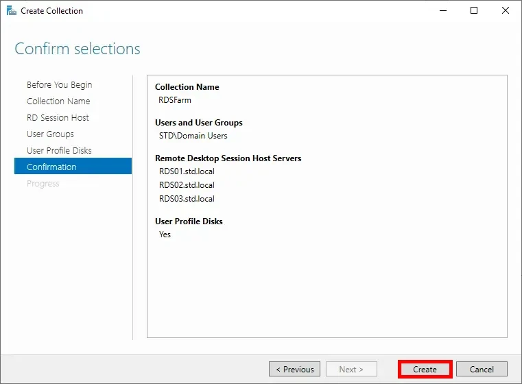 RDS collection creation window confirmation step