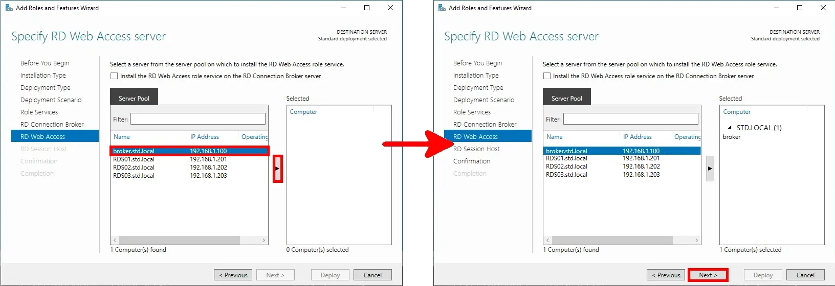 Step Specify a Remote Desktop Services Web Access Server from the Windows Role and Feature Wizard window