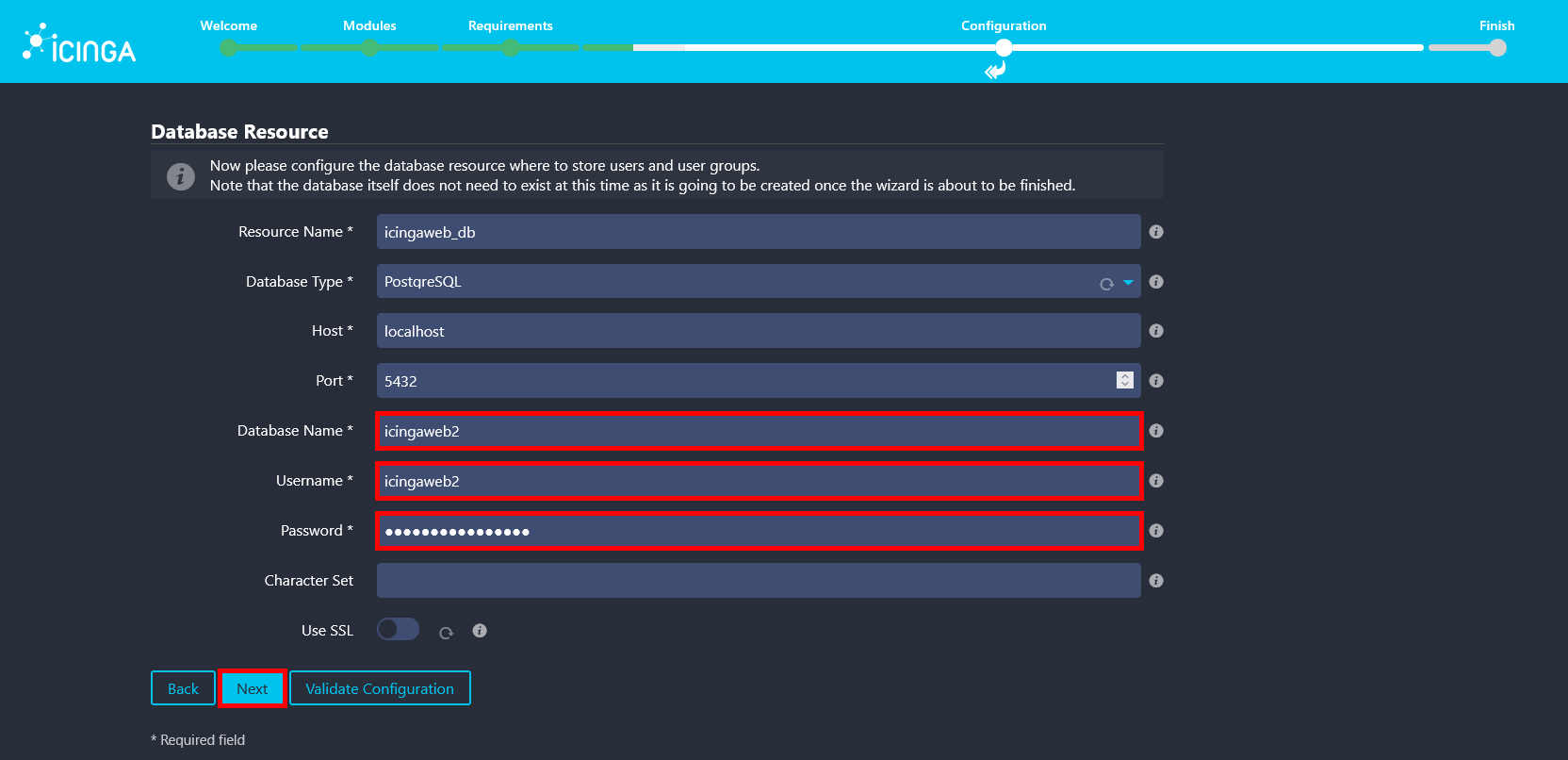 Écran de configuration de la ressource de base de données PostgreSQL pour Icinga Web 2 utilisant la base icingaweb2.