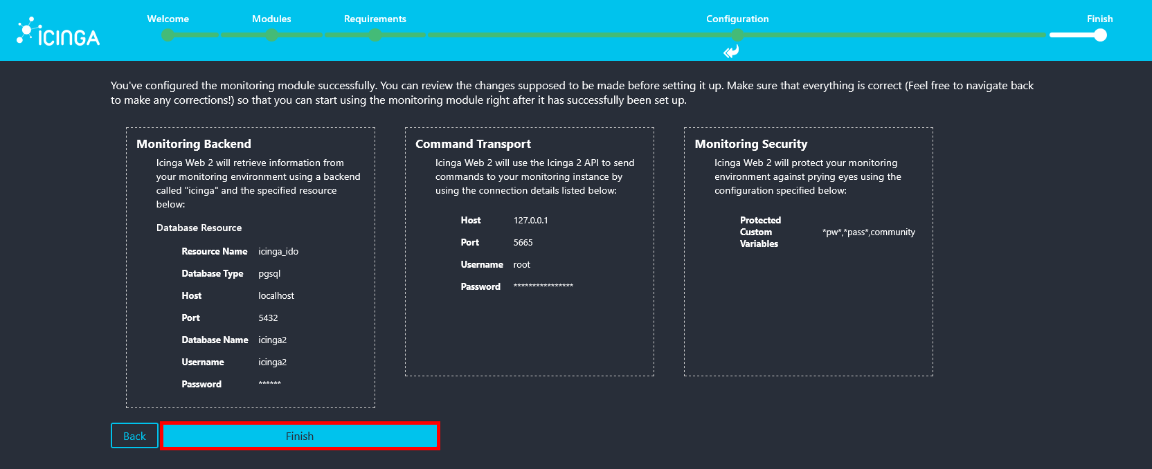 Écran de récapitulatif de la configuration du module Monitoring d’Icinga Web 2 avec le bouton Finish mis en évidence.