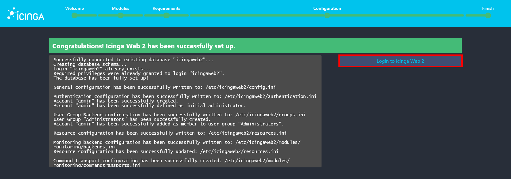 Écran de fin d’installation d’Icinga Web 2 affichant un message de succès et un bouton de connexion.
