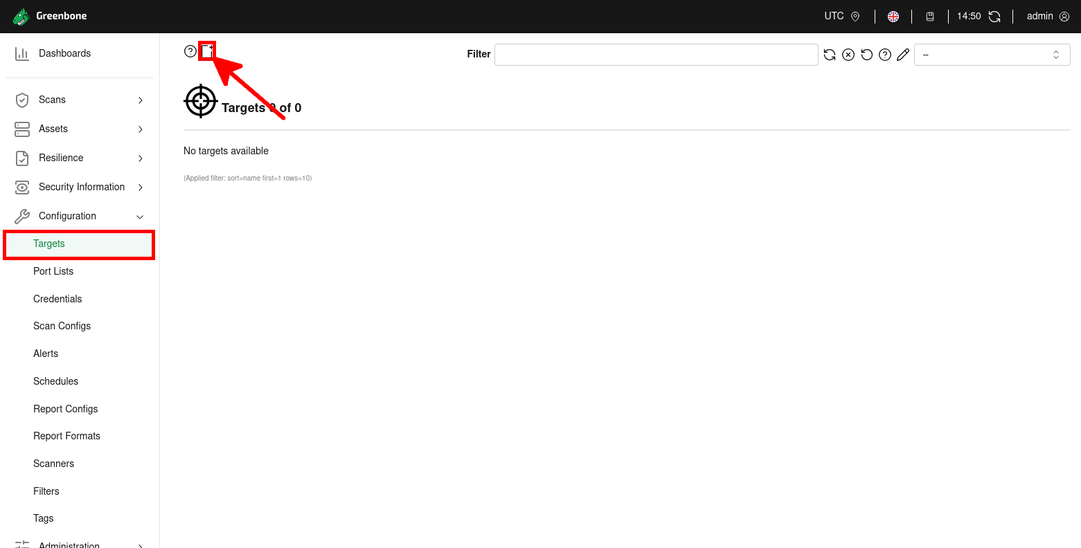 Ajouter une nouvelle cible dans GVM Interface web de GVM montrant comment ajouter une nouvelle cible depuis le menu Targets