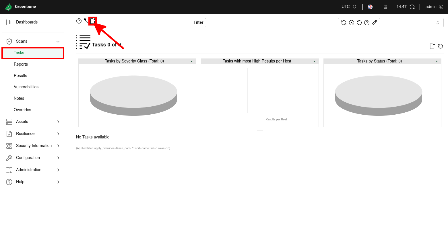 Créer une nouvelle tâche de scan dans GVM Interface web de GVM montrant le menu Tasks et le bouton New Task mis en évidence avec une flèche rouge.