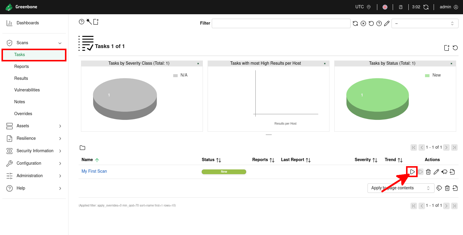 Démarrer une tâche de scan de vulnérabilités dans GVM sur Kali Linux 2025 Capture d’écran de la page Tasks dans Greenbone Vulnerability Manager sur Kali Linux 2025 montrant comment lancer un nouveau scan en cliquant sur le bouton Play
