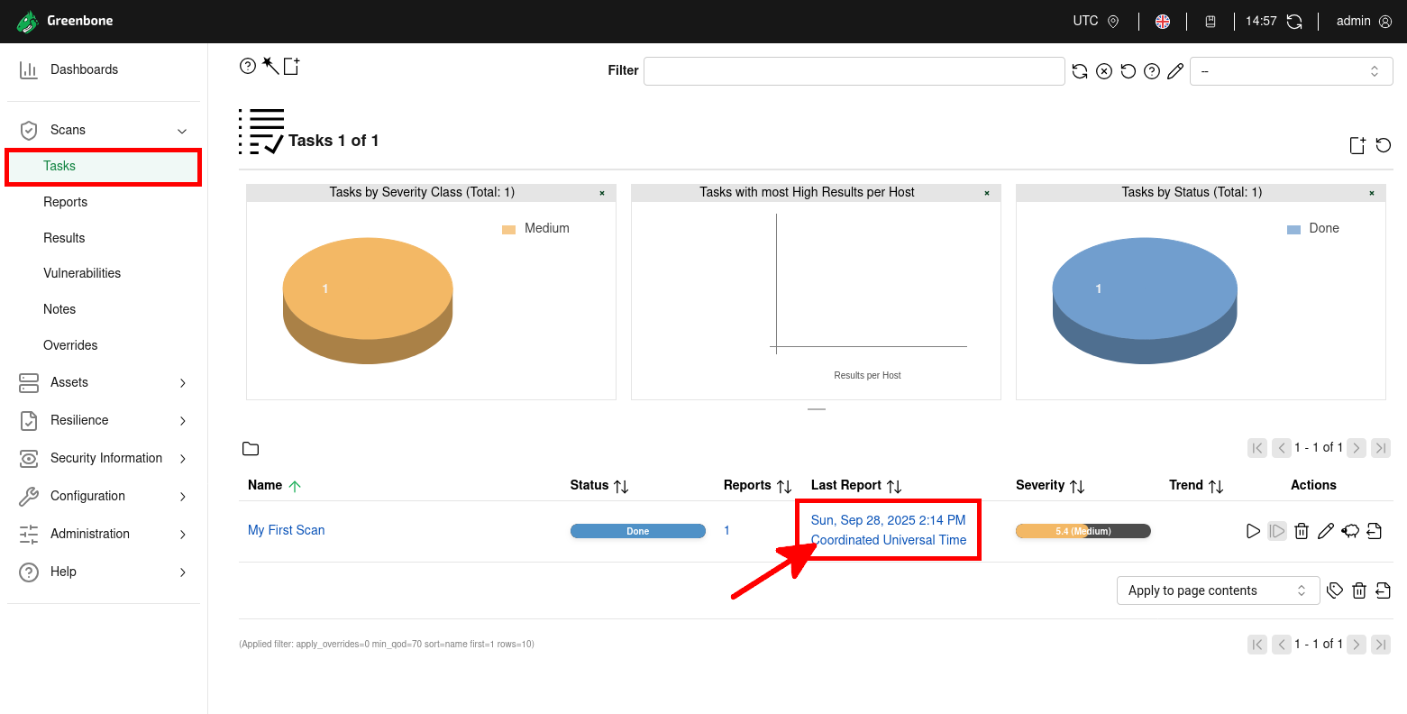 Accéder au rapport du scan de vulnérabilités dans GVM sur Kali Linux 2025 Capture d’écran de la page Tasks dans Greenbone Vulnerability Manager sur Kali Linux 2025 montrant le lien Last Report pour accéder aux résultats du scan