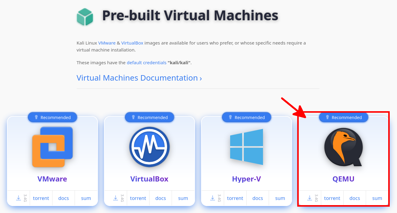 Télécharger l’image QEMU de Kali Linux depuis le site officiel Page officielle de téléchargement de Kali Linux affichant l’option QEMU pour machine virtuelle préconfigurée