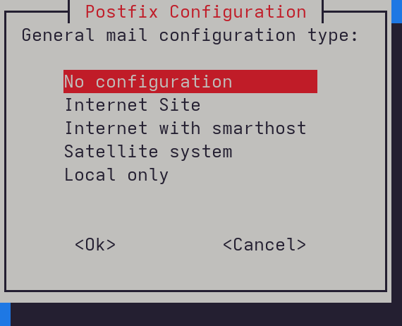 Capture d’écran de l’assistant d’installation Postfix sur Debian montrant l’option 'Aucune configuration' sélectionnée pendant l’installation.