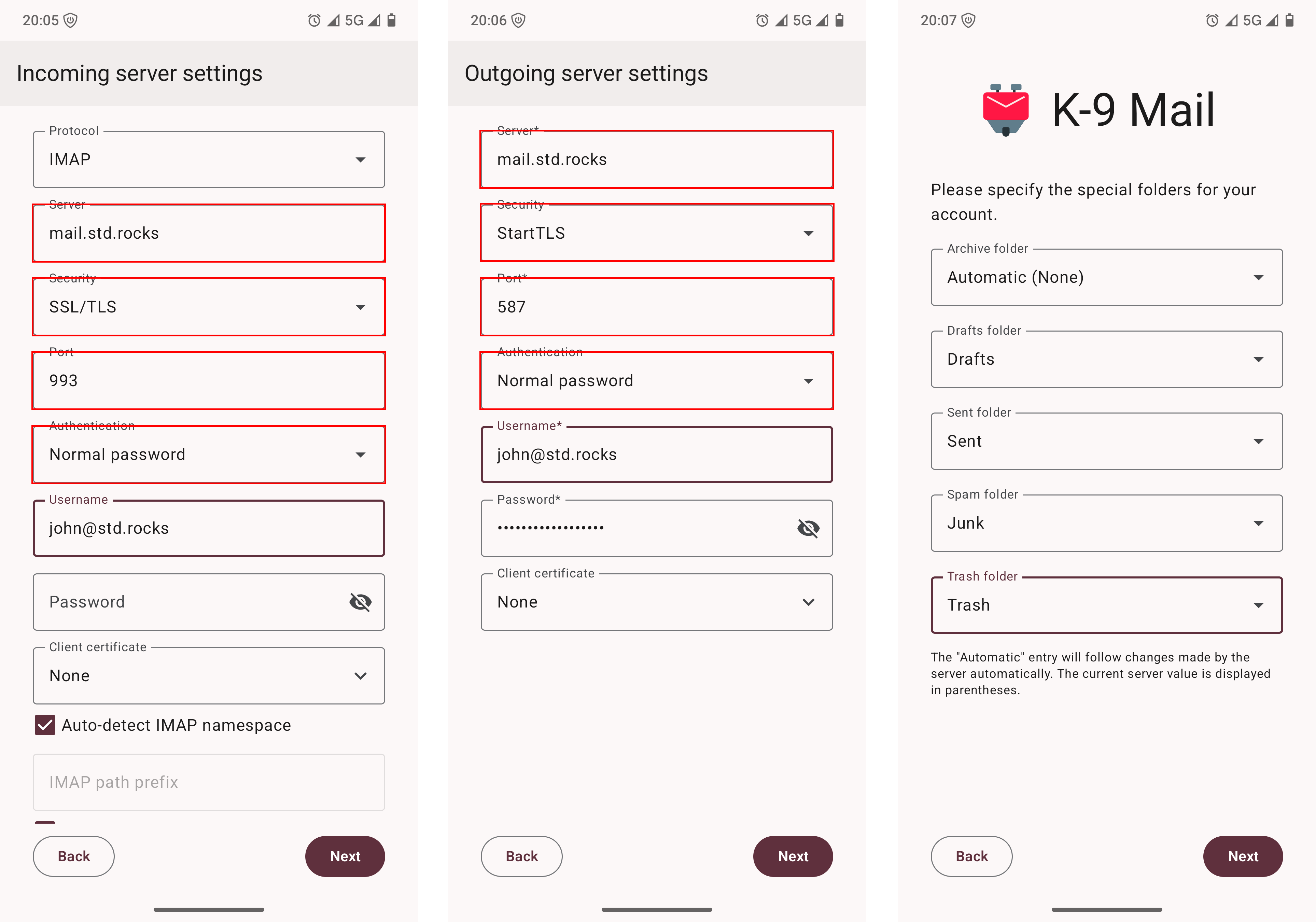 Captures d’écran de l’application K-9 Mail sur Android montrant la configuration IMAP avec mail.std.rocks sur le port 993 en SSL/TLS, SMTP sur le port 587 en STARTTLS, et le mappage manuel des dossiers Envoyés, Brouillons, Indésirables et Corbeille.