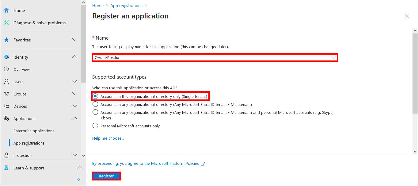Capture de la page d’enregistrement d’une application dans Microsoft Entra montrant le nom OAuth-Postfix, l’option locataire unique sélectionnée, et le bouton Enregistrer en surbrillance