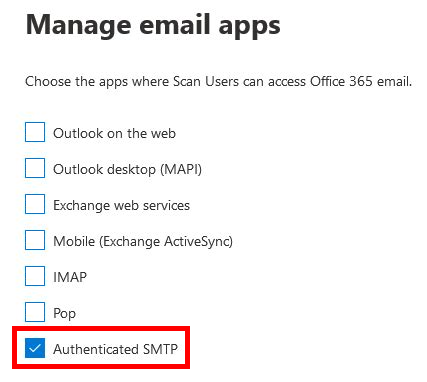 Capture du portail d’administration Microsoft 365 montrant l’option 'SMTP authentifié' activée dans les paramètres de messagerie d’un utilisateur.
