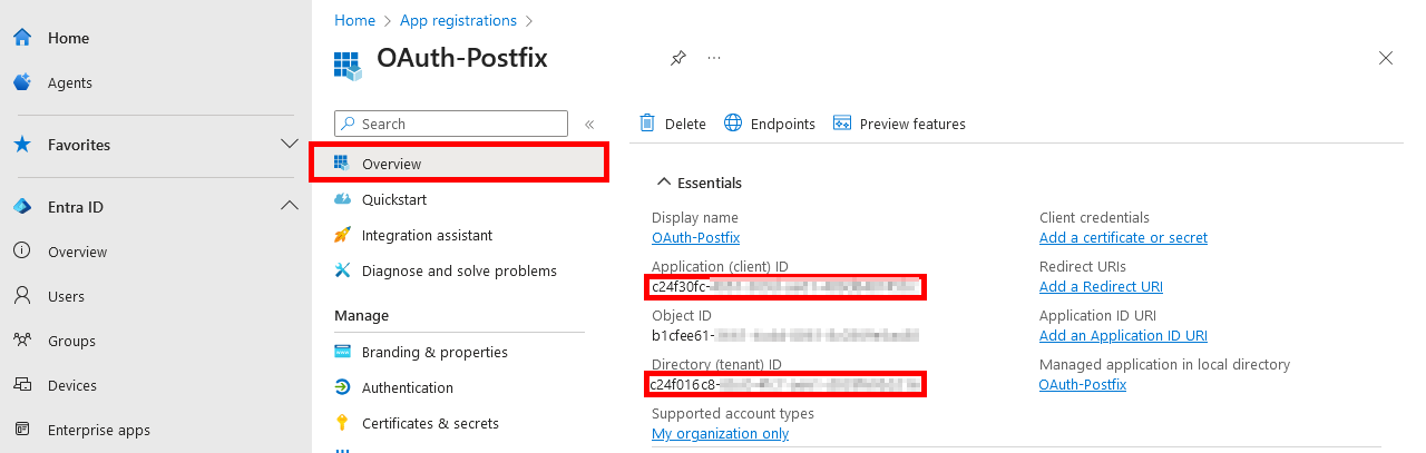 Capture de l’onglet Vue d’ensemble de l’application Microsoft Entra montrant l’ID client et l’ID du locataire pour l’application OAuth-Postfix