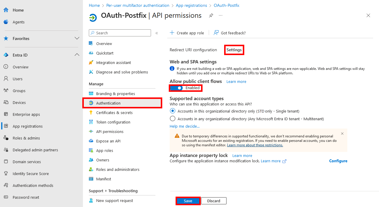 Capture du portail Microsoft Entra montrant le menu Authentification avec l’option Autoriser les flux de clients publics activée et le bouton Enregistrer mis en évidence