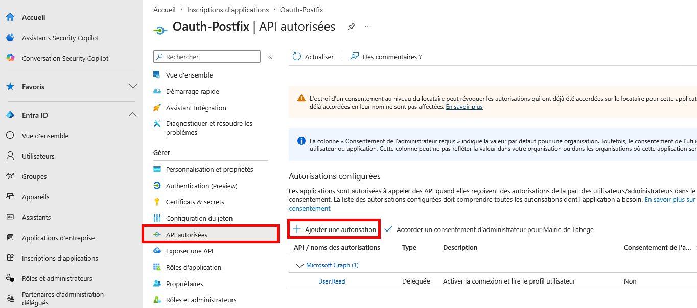 Capture de Microsoft Entra montrant la section des autorisations API avec le bouton Ajouter une autorisation en surbrillance pour l’application OAuth-Postfix