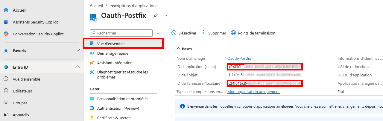Capture de l’onglet Vue d’ensemble de l’application Microsoft Entra montrant l’ID client et l’ID du locataire pour l’application OAuth-Postfix