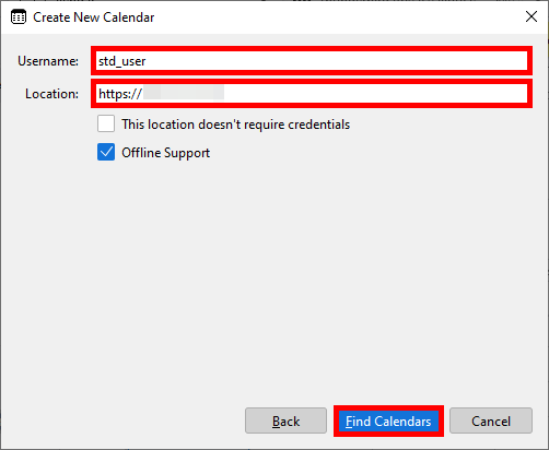 Configuration d’un calendrier réseau dans Thunderbird affichant le champ nom d’utilisateur et l’URL du serveur CalDAV avant la recherche des calendriers