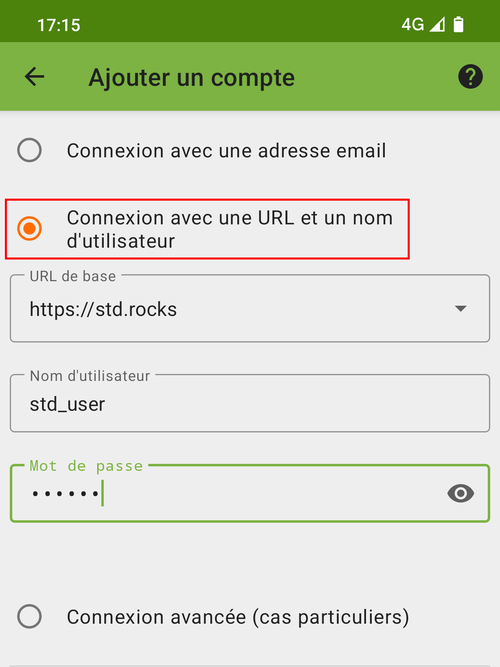 Écran d’ajout de compte dans DAVx5 affichant l’option de connexion à un serveur CalDAV à l’aide d’une URL et d’un nom d’utilisateur