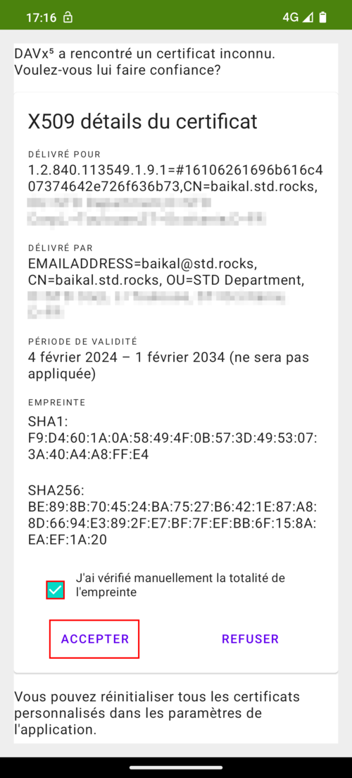 Écran d’avertissement de sécurité dans DAVx5 affichant les détails d’un certificat SSL auto-signé et demandant à l’utilisateur de l’accepter