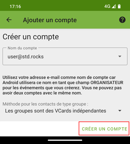 Écran de création de compte dans DAVx5 sur Android affichant le bouton permettant de finaliser l’ajout d’un compte CalDAV