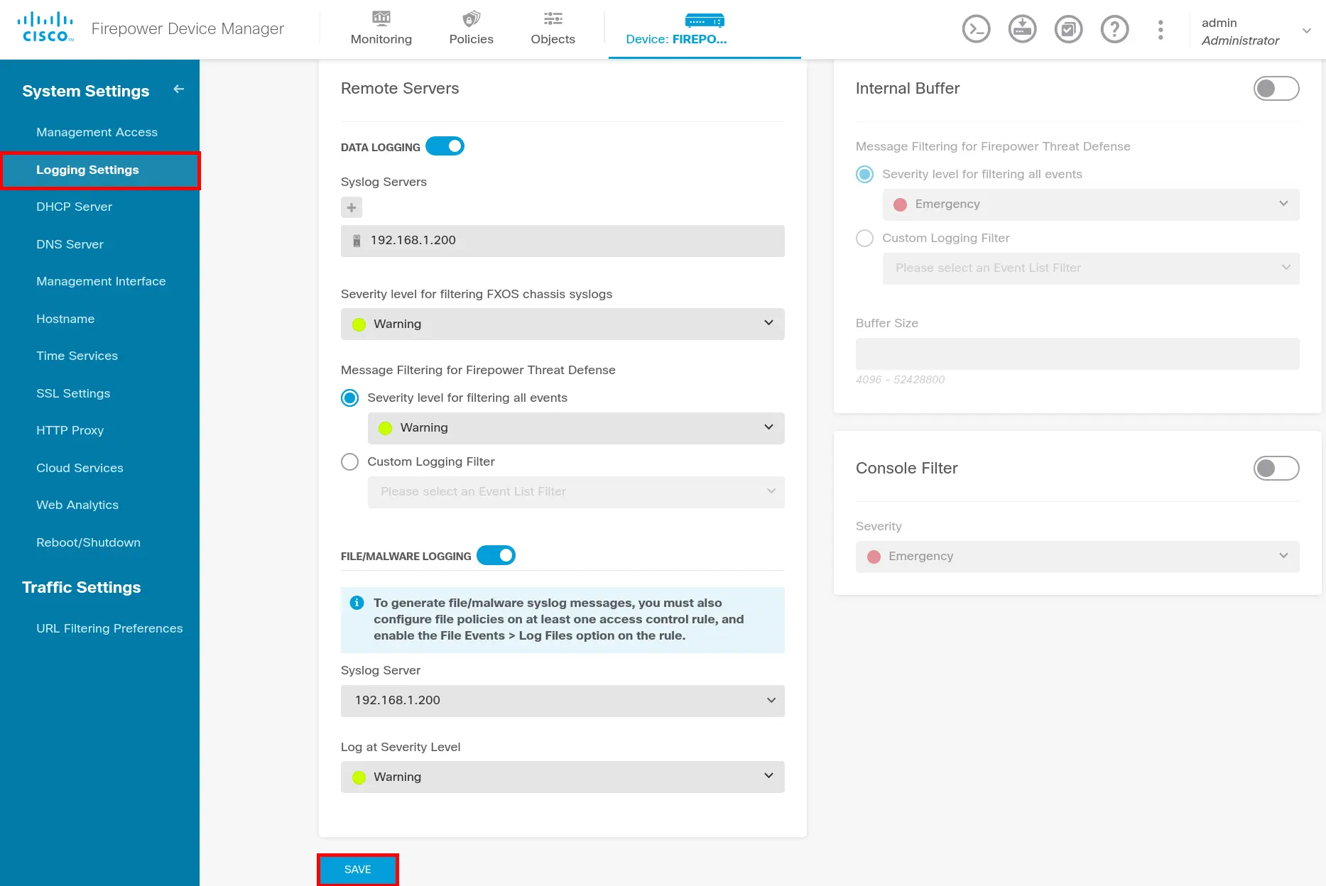 Configuration de la journalisation sur Cisco Firepower affichant le serveur Syslog, les niveaux de gravité et les options de journalisation des fichiers et malwares