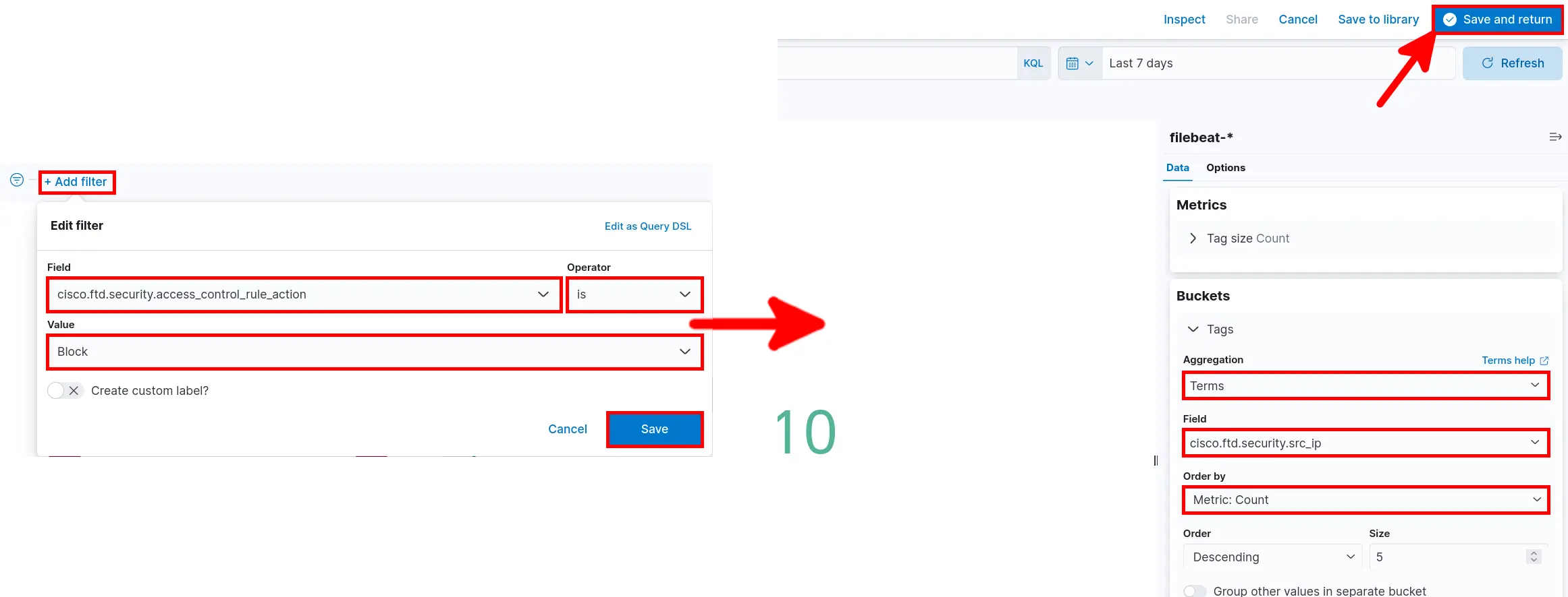 Visualisation en nuage de mots dans Kibana filtrée pour afficher les adresses IP sources bloquées à partir des journaux Cisco Firepower