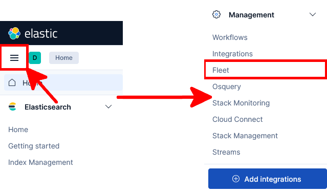 Menu de navigation Kibana affichant la section Management et l’option Fleet utilisée pour gérer les Elastic Agents et Fleet Server.