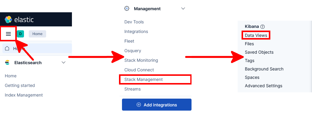 Menu de navigation Kibana affichant le chemin vers Stack Management et Data Views