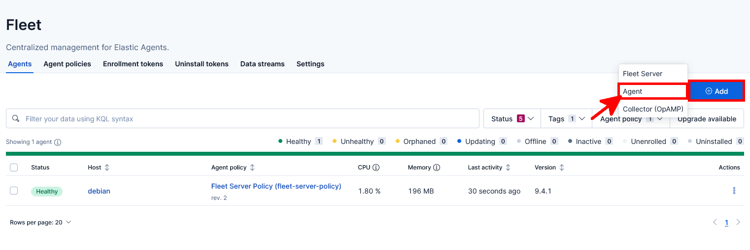 Page Fleet de Kibana montrant le menu Add utilisé pour sélectionner Agent et enrôler un nouvel Elastic Agent