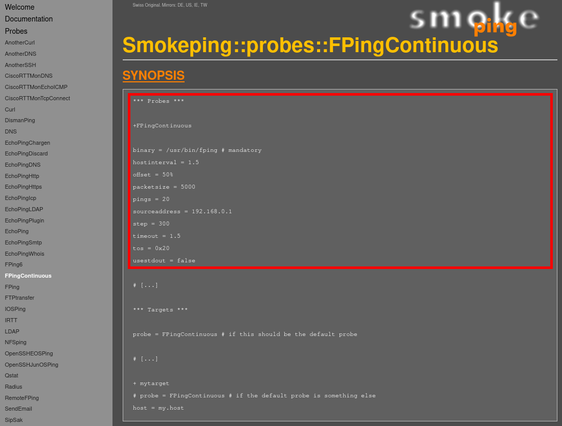 Exemple de configuration de la sonde FPingContinuous dans SmokePing avec les paramètres binary, hostinterval, pings, step et timeout.