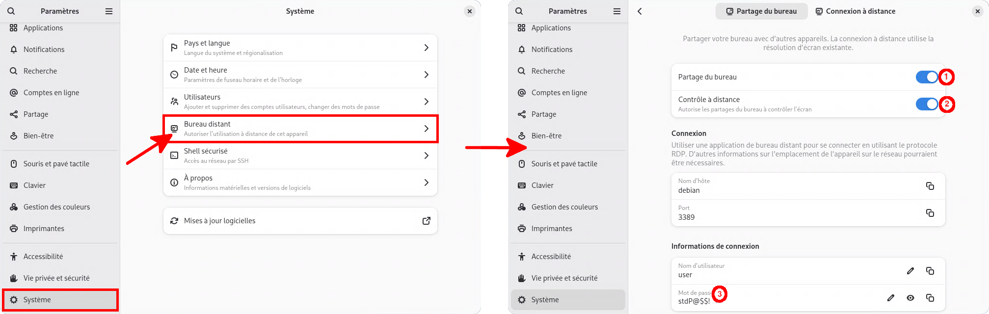 Configuration du Bureau à distance GNOME Paramètres du Bureau à distance GNOME sur Debian 13 (Wayland)