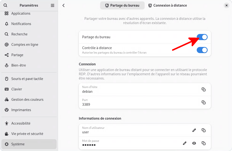 Paramètres finaux du Bureau à distance sur Debian 13 Configuration finale du Bureau à distance GNOME sur Debian 13 (Wayland)