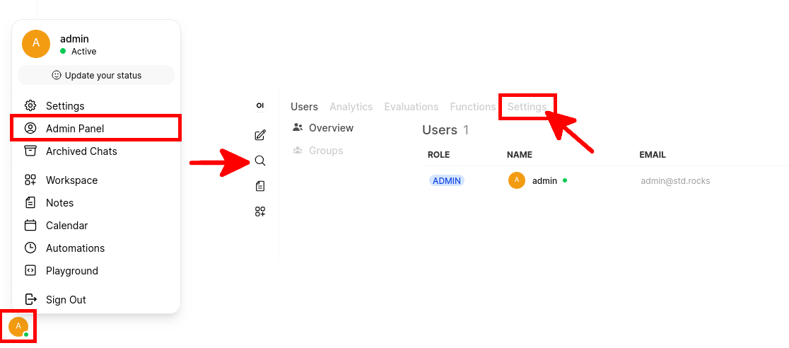 Ouverture du panneau d’administration et de la page des paramètres dans Open WebUI