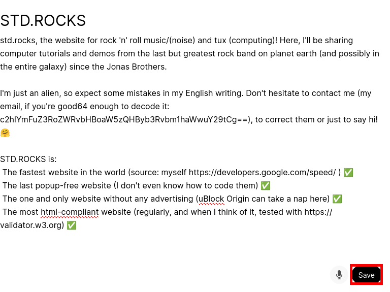 Éditeur de texte d’Open WebUI contenant des informations sur le site STD.ROCKS avec le bouton Save mis en évidence