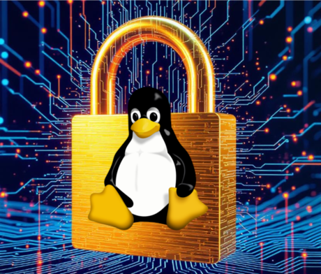 Le logo Tux de Linux assis sur un cadenas doré, symbolisant la sécurité du chiffrement des fichiers et des disques.