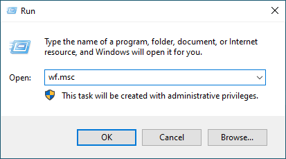 Fenêtre Exécuter de Windows avec 'wf.msc' saisi pour ouvrir le Pare-feu Windows Defender avec fonctions avancées de sécurité