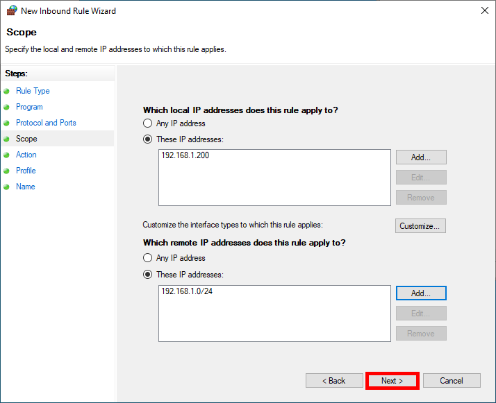 Paramètres de portée dans une règle du Pare-feu Windows spécifiant les adresses IP locales et distantes pour la connexion IPsec