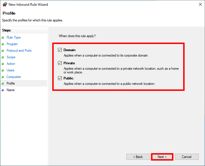 Assistant de règle du Pare-feu Windows affichant les profils de réseau domaine, privé et public sélectionnés pour l'application de la politique IPsec