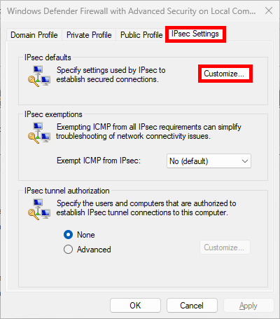 Fenêtre de propriétés du pare-feu Windows Defender avec l'onglet Paramètres IPsec ouvert et le bouton Personnaliser en surbrillance