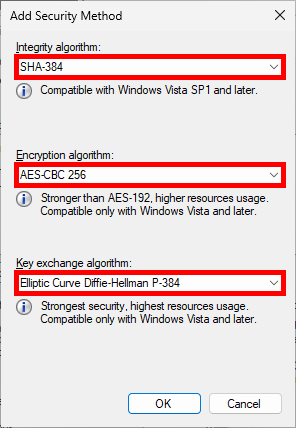 Configuration de la méthode de sécurité dans Windows IPsec avec intégrité SHA-384, cryptage AES-CBC 256 et échange de clés Elliptic Curve Diffie-Hellman P-384