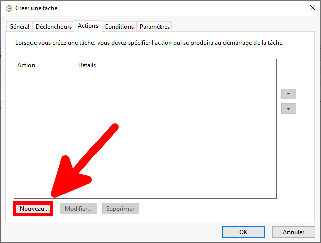 Fenetre Creer une tache dans le Planificateur de taches Windows avec le bouton Nouveau pour ajouter une nouvelle action mis en evidence