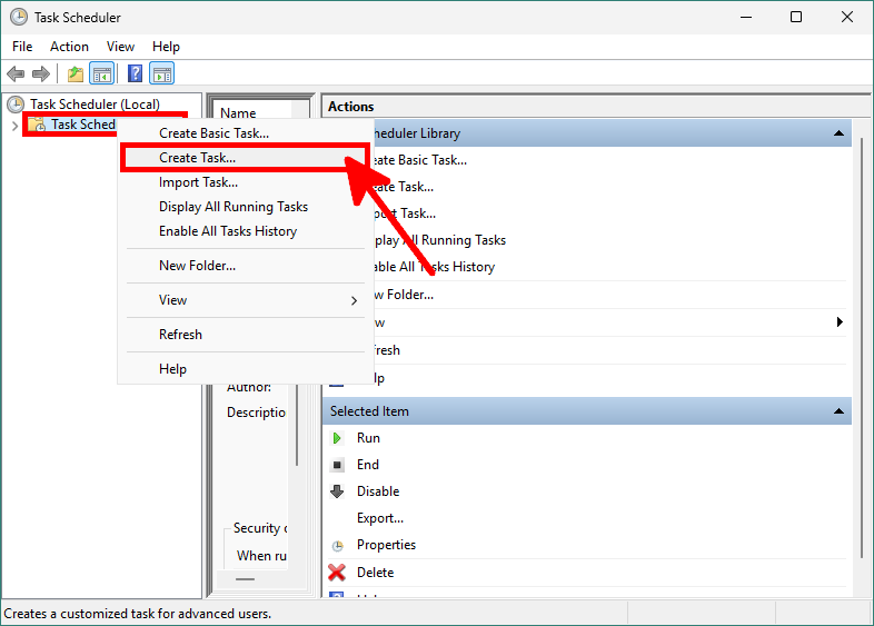 Créer une tâche dans le Planificateur de tâches Windows pour supprimer automatiquement les WinApps Fenêtre du Planificateur de tâches Windows montrant l’option Créer une tâche sélectionnée pour automatiser la suppression des WinApps avec PowerShell.