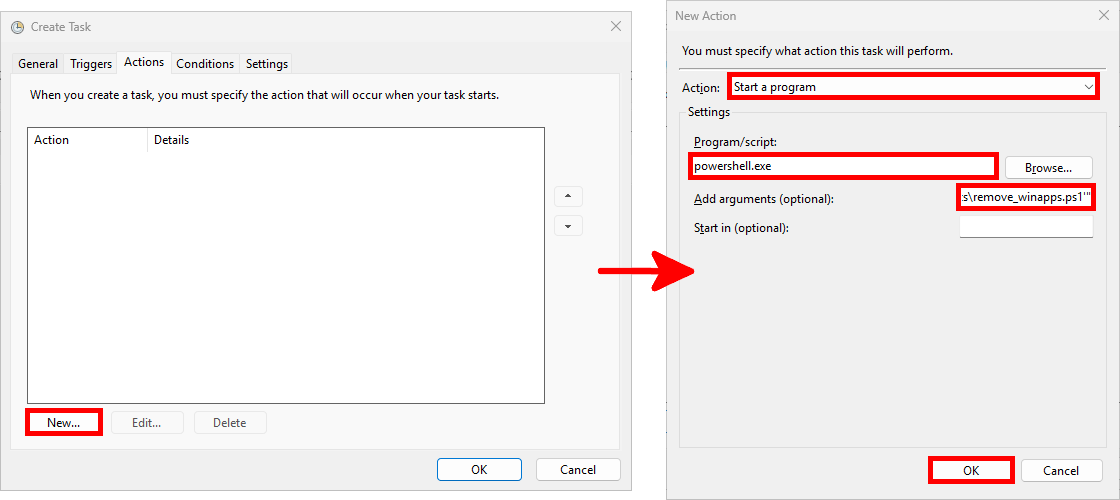 Planificateur de tâches — configurer une action PowerShell pour exécuter le script remove_winapps.ps1 Capture d’écran du Planificateur de tâches Windows montrant la configuration d’une action PowerShell pour lancer le script remove_winapps.ps1.