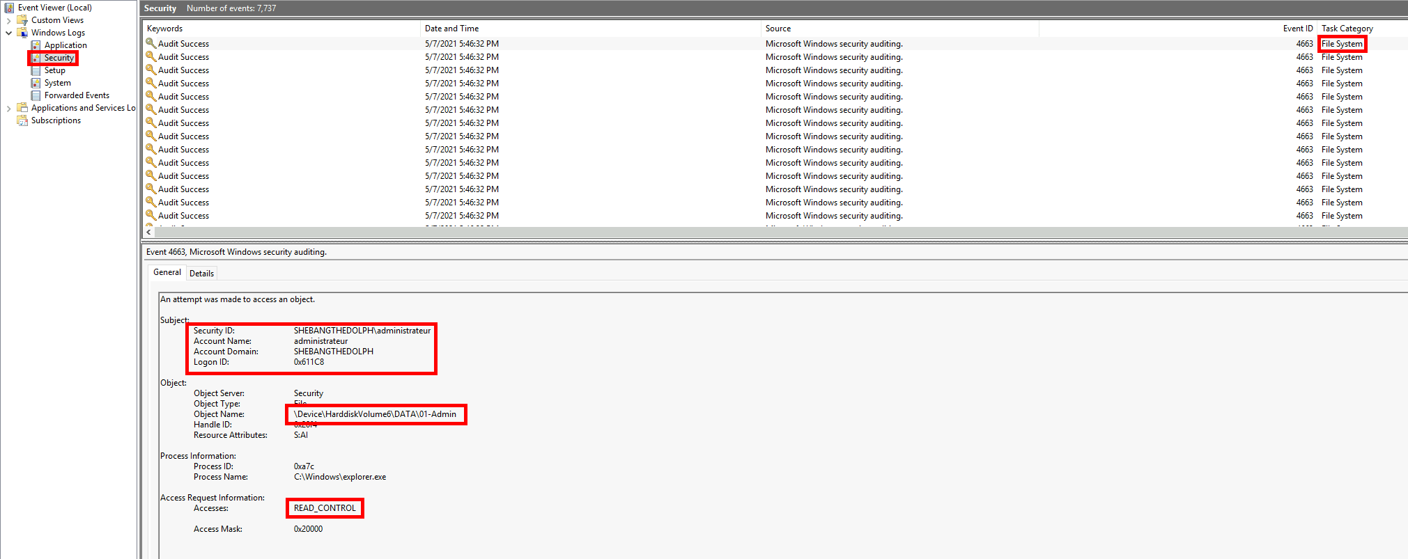 Observateur d’événements Windows affichant l’événement de sécurité 4663 pour un accès en lecture au dossier 01-Admin par le compte administrateur dans le journal d’audit des fichiers