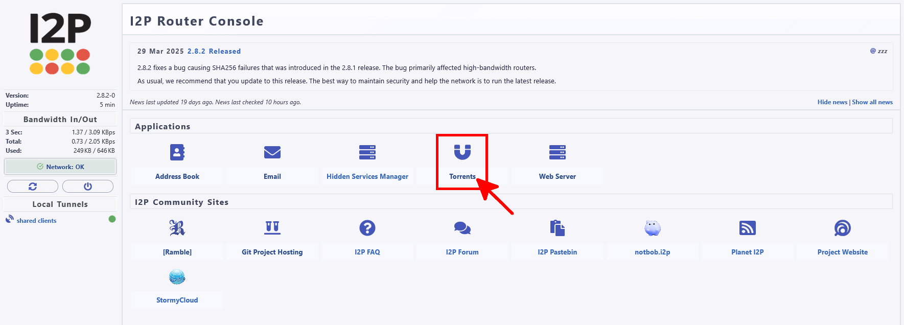 Accès à I2PSnark via le menu de la console I2P