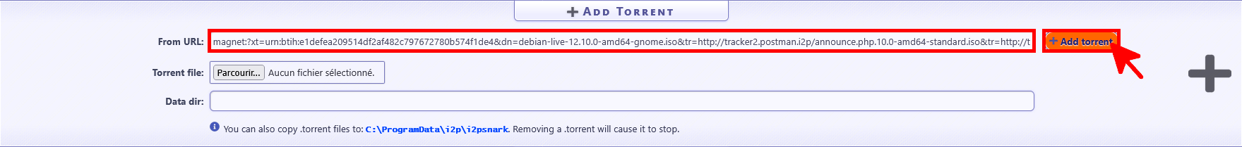 Ajouter un lien magnet dans l’interface I2PSnark